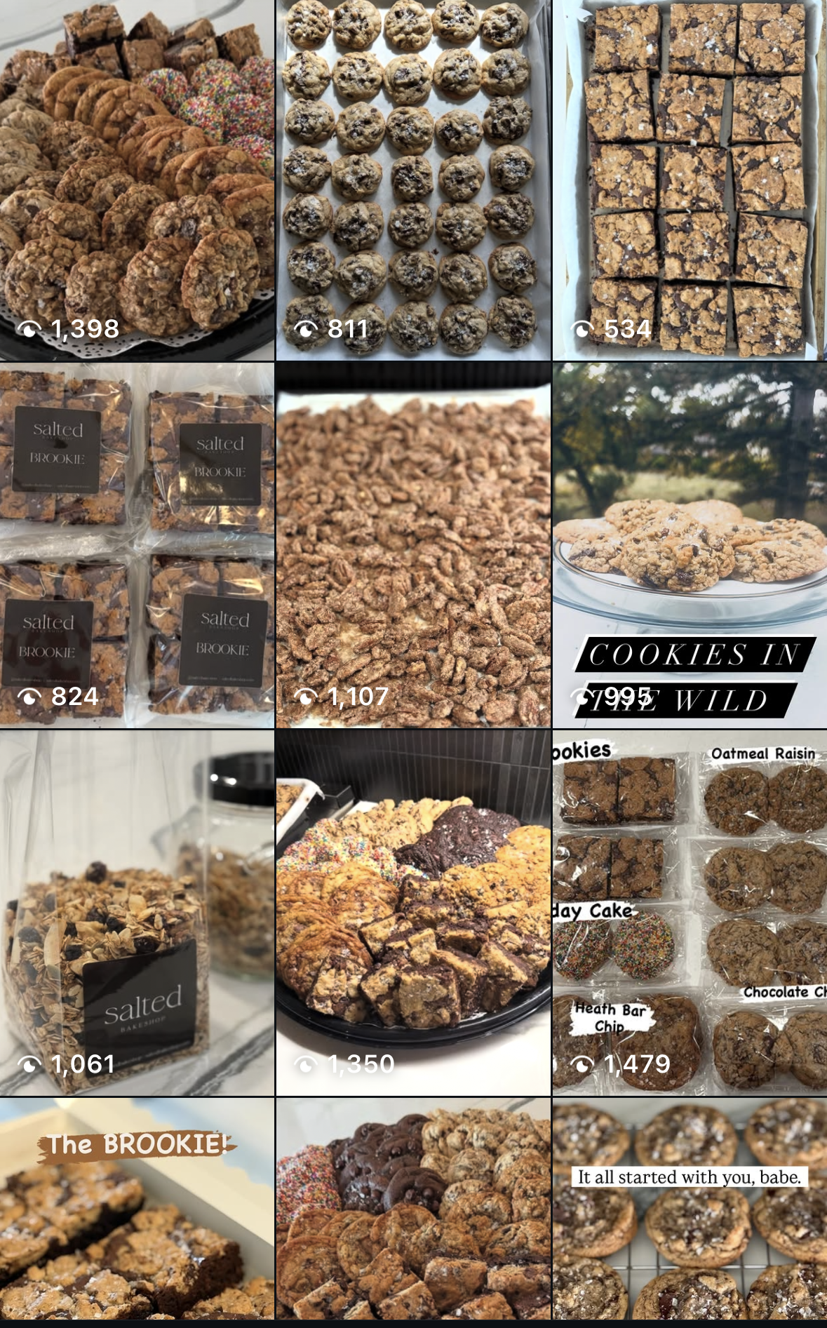 Salted Bakeshop Instagram grid showing cookies, brookies, and fresh bakes